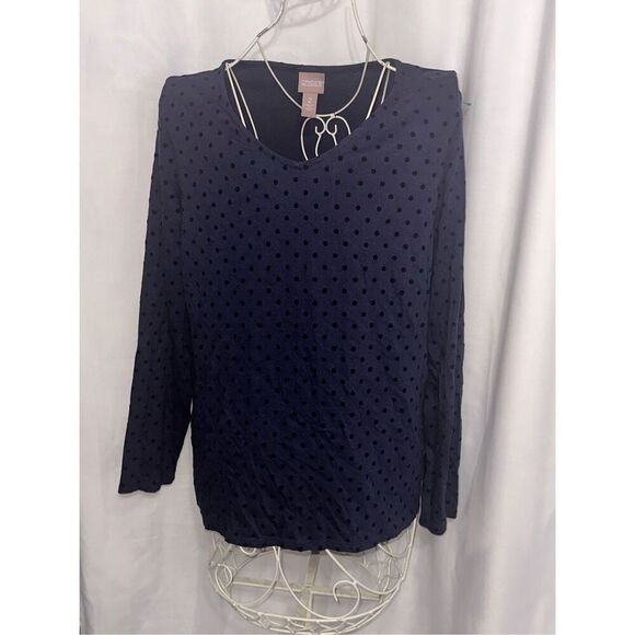 GREAT CONDITION WOMEN Flocked Polka Dot Top BLOUSE navy blue CHICO SZ 2 (medium) - Picture 1 of 9